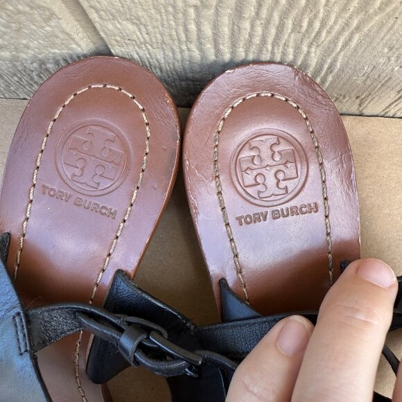 Tory Burch Lowell 2 Block Heel Sandals Shoes Women’s Size 7 Black Logo Leather - Picture 7 of 11